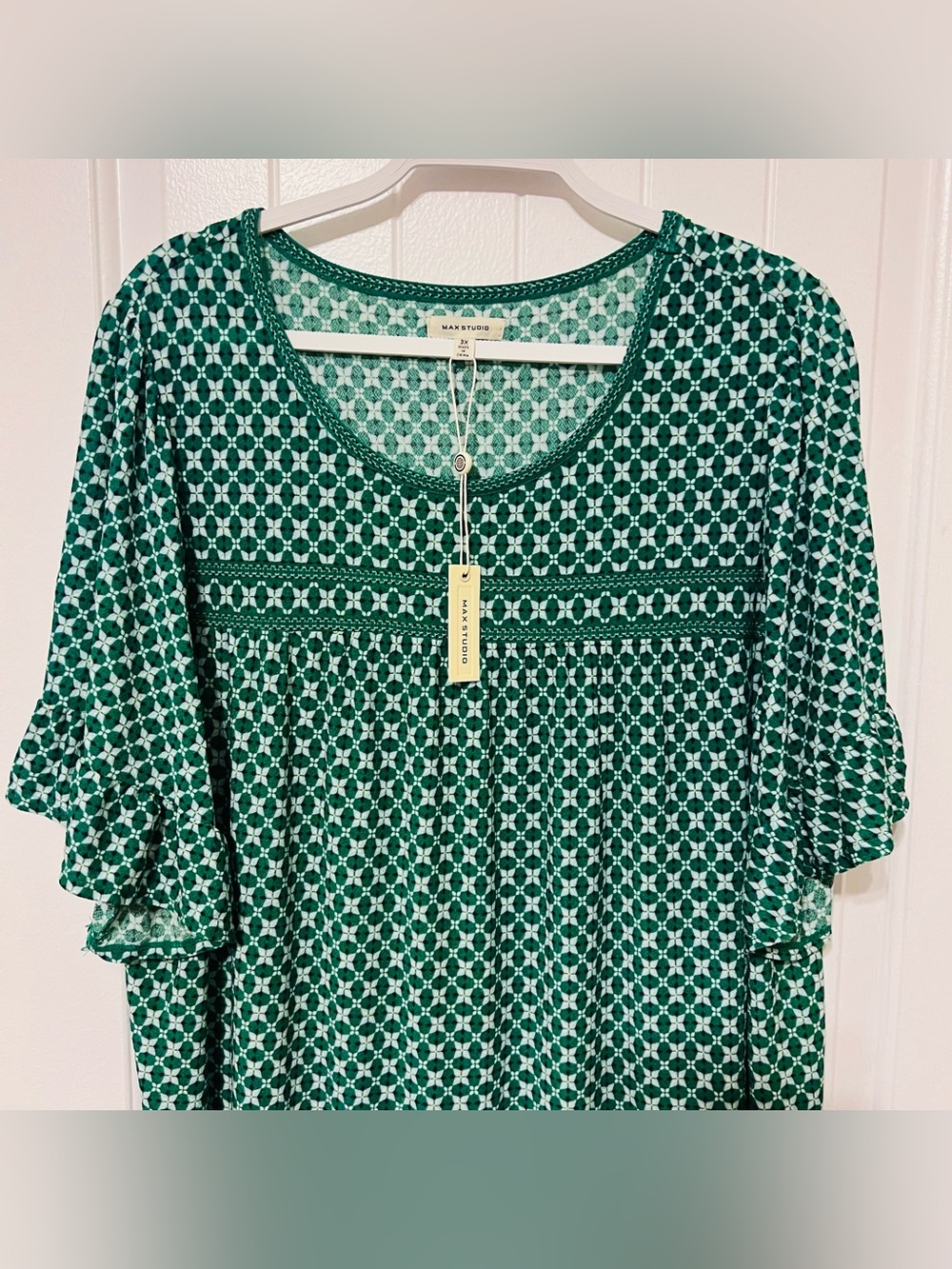 Max Studio Emerald Geometric Ruffle-Sleeve Tunic 3X